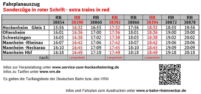 Fahrplanauszug, Sonderzüge in roter Schrift (Foto: DB Regio AG)