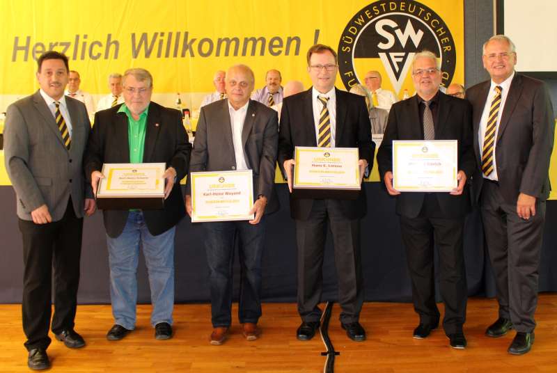 Ehrung: SWFV-Geschäftsführer Michael Monath, Karl-Heinz Scherer, Karl-Heinz Weyand, Hans E. Lorenz, Hartmut Emrich und Dr. Hans-Dieter Drewitz (von links) bei der Ehrung der Ehrenmitglieder. (Foto: SWFV)