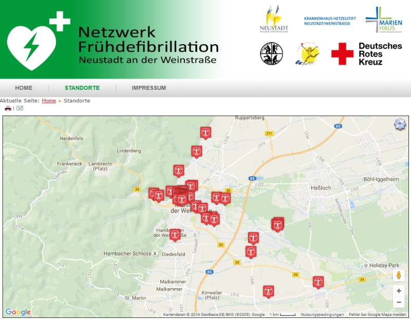 Karte mit einer Übersicht über die Defistandorte, abrufbar unter www.defi-nw.de