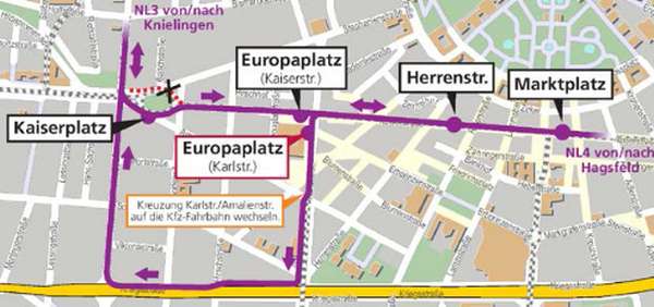 Umleitungs-Route für den Nightliner NL3 (Grafik: VBK)