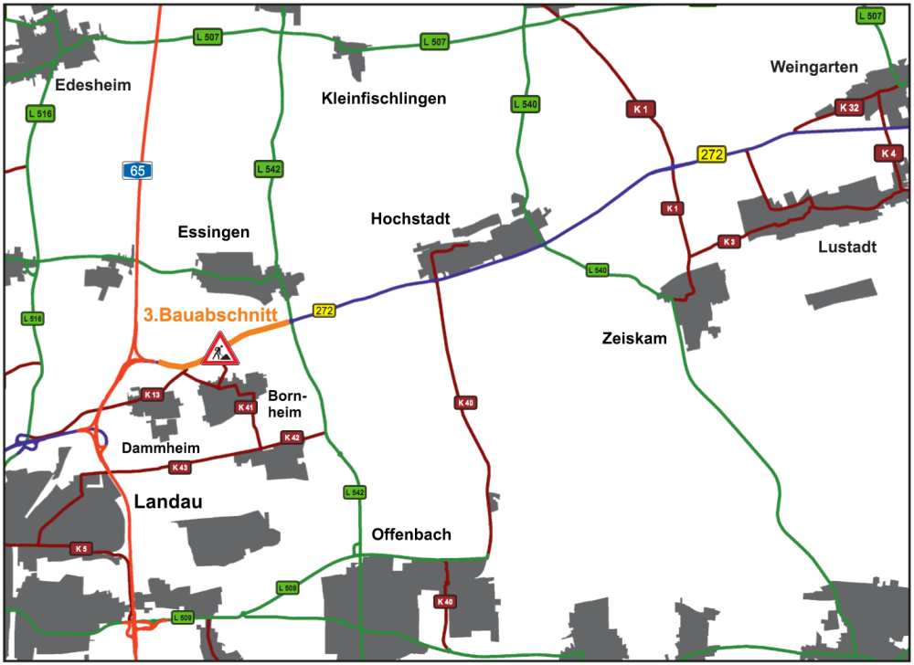 Der 3. Bauabschnitt zwischen dem Kreisverkehrsplatz bei Essingen und der Autobahn A 65 (Foto: LBM Speyer)