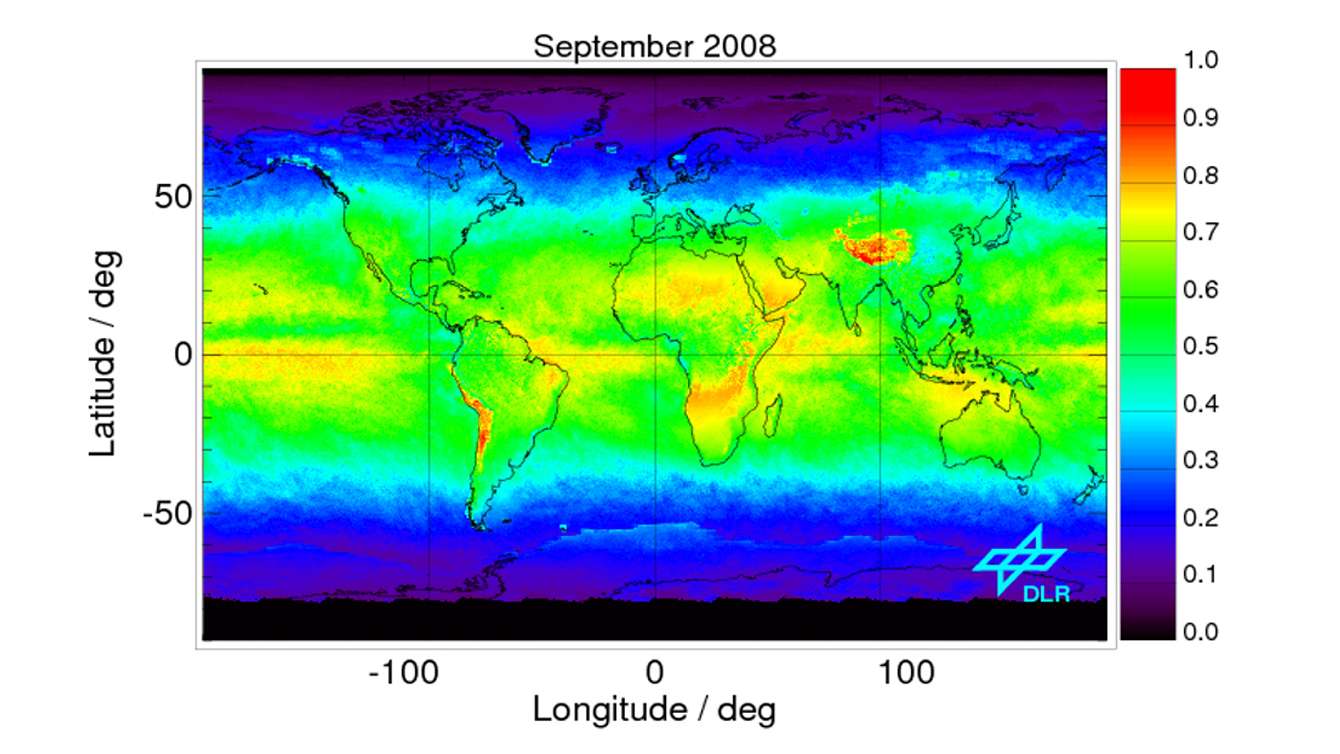 Globale Karte der auf den Maximalwert norminierten UV-Monatsdosis für den September 2008 (Foto: DLR - CC-BY 3.0)