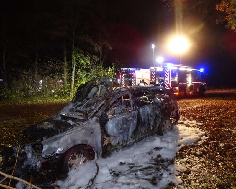 Bei einem Alleinunfall eines mit vier Personen besetzten PKW am Mittwochbend wurden alle Insassen verletzt. Der PKW brannte vollständig aus. (Foto: Feuerwehr Wiesbaden)