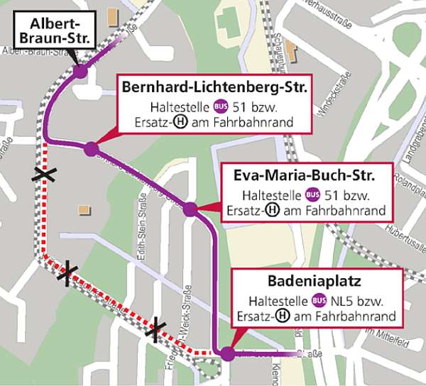 Die Umleitungsstrecke der Nightliner-Linie NL5 (Grafik: VBK)