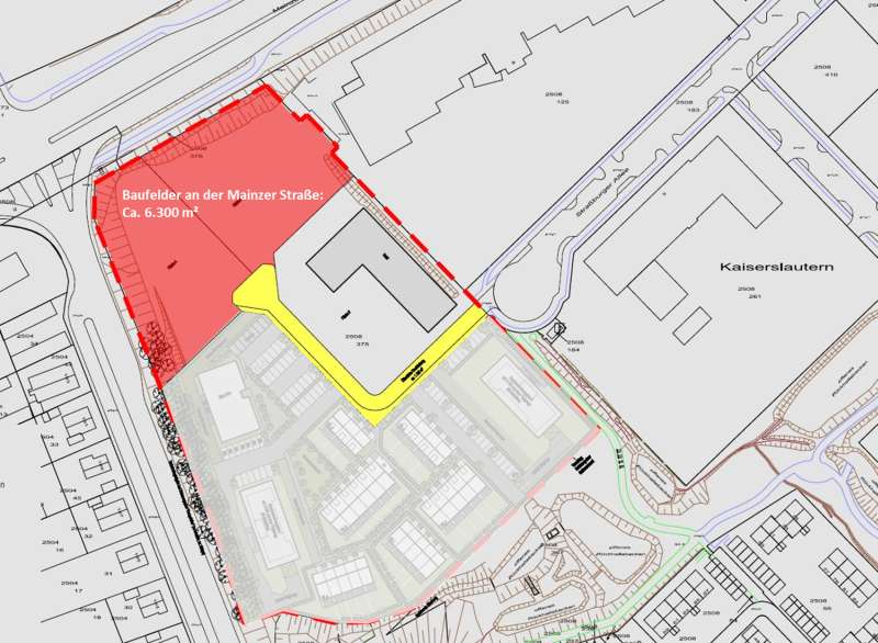 Der Lageplan zeigt den derzeit noch unbebauten westlichen Teil des PRE-Parks am Ende der Straßburger Allee. Nördlich des grau markierten Bereiches, in dem die Deutsche Reihenhaus AG ein Wohngebiet realisieren wird, ist auf der Fläche auch ein Hotel geplant. Das Gelände soll durch eine Stichstraße (gelb) erschlossen werden. (Quelle: Putsch Immobilien)