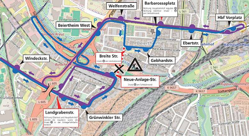 Die Umleitungsstrecke der Buslinie 50 (Grafik: VBK)