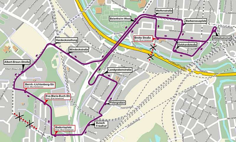 Die Umleitungsstrecke der Buslinie 51 (Grafik VBK)