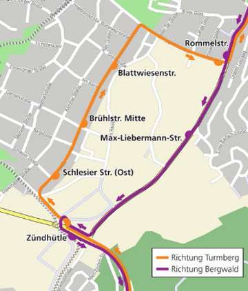 Die Fahrtroute der Buslinie 24 während der Sperrung der Rommelstraße, 12 ̶ 15.05 Uhr (Grafik: VBK)