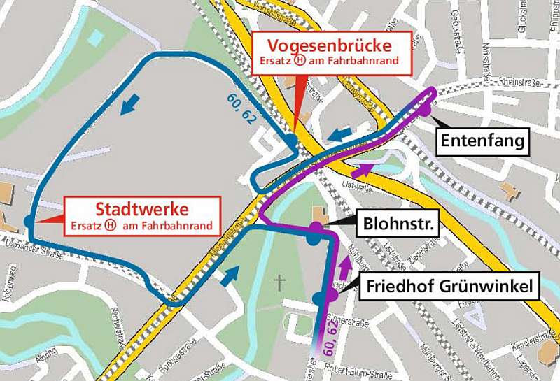 Die Umleitungsroute der Buslinien 60 und 62 (Grafik: VBK)