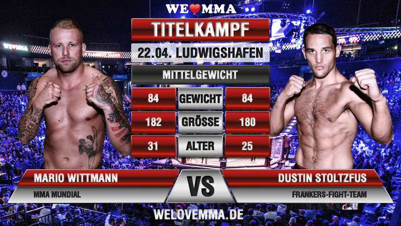 Dustin Stoltzfus (Frankers-Fight-Team) und Mario ?Fist of Buddha“ Wittmann (MMA Mundial Ingolstadt) treten im Kampf um die erste We love MMA Krone an. Die beiden Mittelgewichtskämpfer stehen im MMA-Ranking in ihrer Gewichtsklasse unter den ersten Anwärtern. Mit großer Spannung wird erwartet, wer den Gürtel in der Hand halten kann. (Foto: welovemma.de)