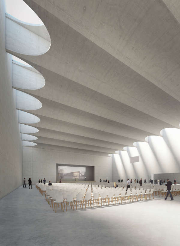 Blick in den Großen Saal des Konferenzzentrums im Siegerentwurf von DEGELO Architekten aus Basel mit der leicht zur Bühne hin abfallenden Decke. (Foto: DEGELO Architekten)