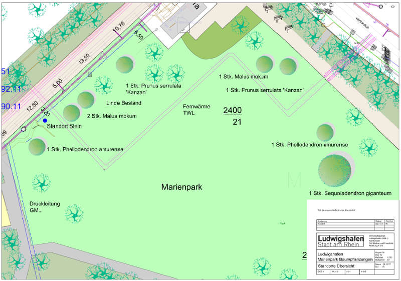 Die Standorte der Baumpflanzungen im Marienpark (Foto: Stadt Ludwigshafen)