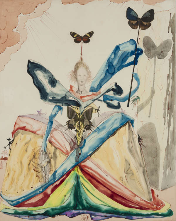 Salvador Dali - Die Königin der Schmetterlinge / La reine des papillons 1951, Aquarell, farbige Tusche und Collage auf Papier, 74 x 59 cm, Wilhelm-Hack-Museum  ©VG Bild-Kunst, Bonn 2018