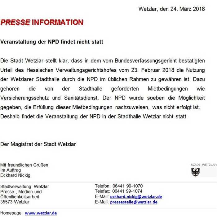 Pressemeldung der Stadt in Sachen NPD Miete der Halle