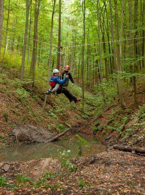 Und ab geht es mit der Seilbahn über Stock und Stein, für die Retter und die Kinder der Bergwachtjugend.