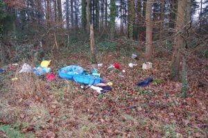 Stoffe, eine blaue Sandkasten-Muschel mit Deckel und mit dem roten Pfeil markiert, eine der beiden Lautsprecherboxen, fanden sich im Gelände