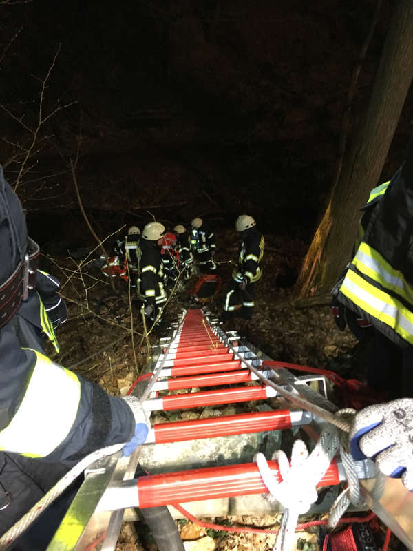 Rettung mittels Steckleiterteilen und Schleiftragekorb (Foto: Feuerwehr Neustadt)