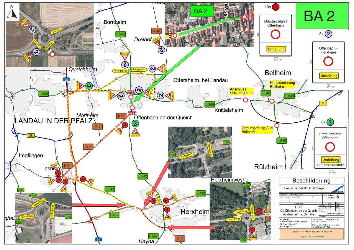 Der Verkehr von Landau kommend wird über die Umgehungstrasse Offenbach (L 509 neu) und die K 40 in Richtung Ottersheim umgeleitet und umgekehrt (Quelle: LBM Speyer)