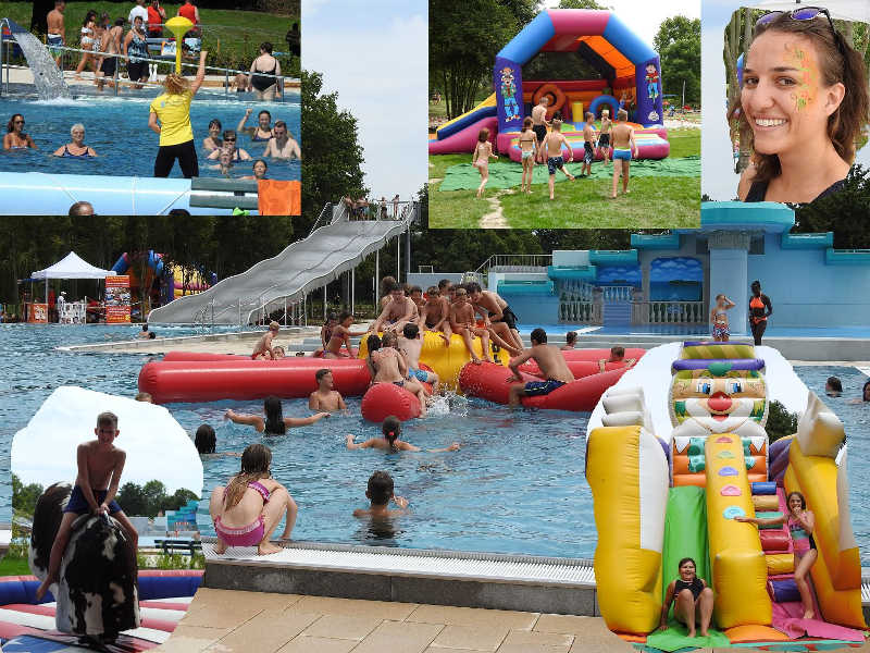 DLRG Landau, Hüpfburg und Wasserspinne, Riesenrutsche, Erlebnisburg XXL, Bullriding, Kiddys Fun, Kleinspiele, Popcornstand, Goldwaschanlage, Jukebox, Riesenkegelbahn, Kinderschminken, Ballonzauberei, Eventdome mit Tischkicker, Airhockey, Wassergymnastik ... Spiel und Spaß pur beim beliebten Familientag (Foto: Verbandsgemeindeverwaltung Offenbach an der Queich)