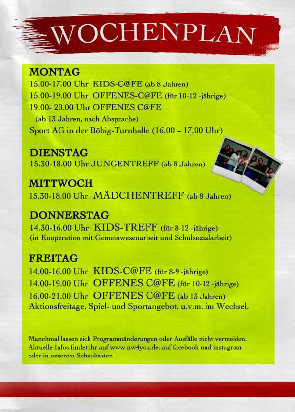 Wochenplan des städtischen Jugendtreffs „Jugendcafé“