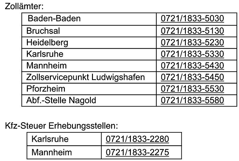 Telefonnummern Zoll Karlsruhe