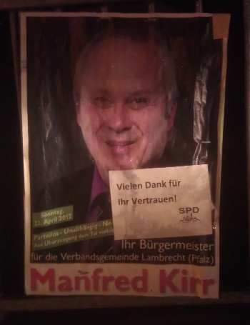 Wahlplakat vom künftigen Bürgermeister der VG Lambrecht, Manfred Kirr