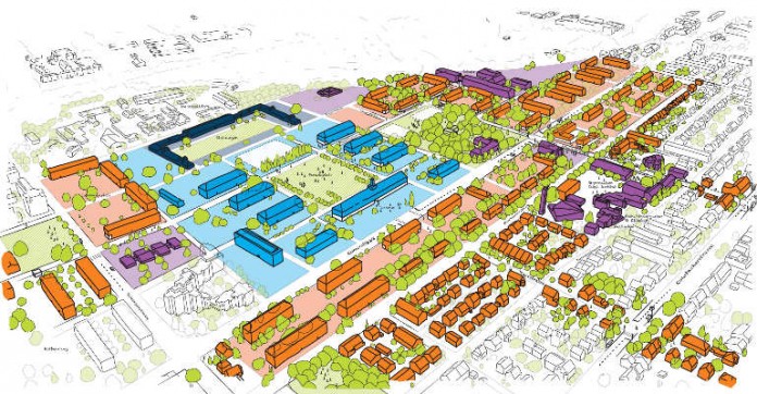 Auf dem Bürgerforum Konversion diskutierten Bürgerinnen und Bürger das Nutzungskonzept für die Heidelberger-Südstadt mit einer Mischung aus Wohnen (orange), Gewerbe (blau) und Gemeinbedarf (lila).