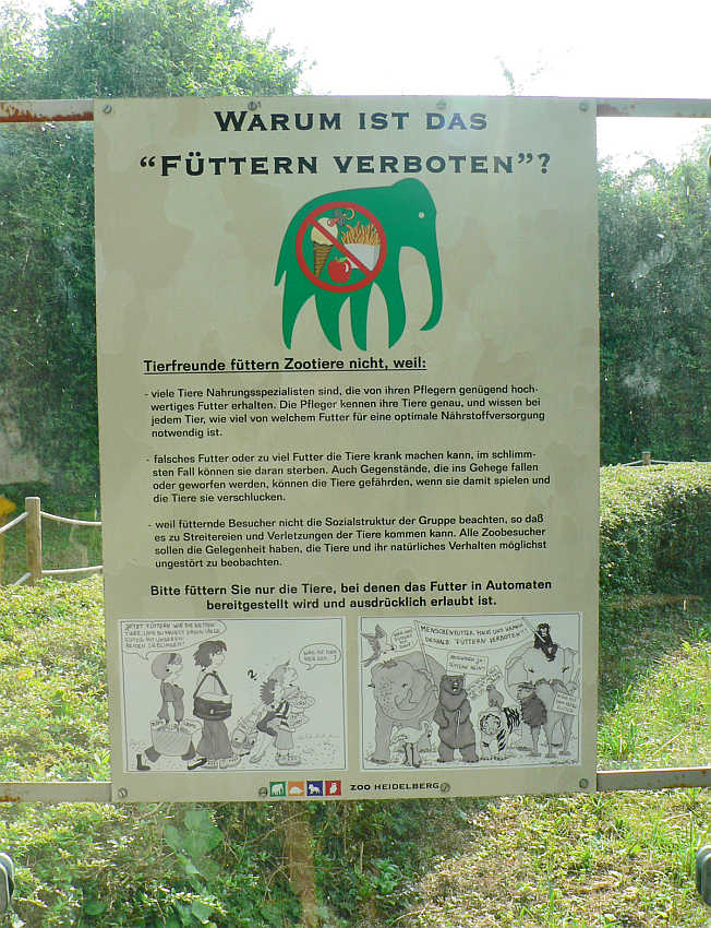 Hinweisschild „Füttern Verboten“ im Zoo Heidelberg mit klaren Erklärungen für den Zoobesucher: Tierfreunde füttern Zootiere nicht