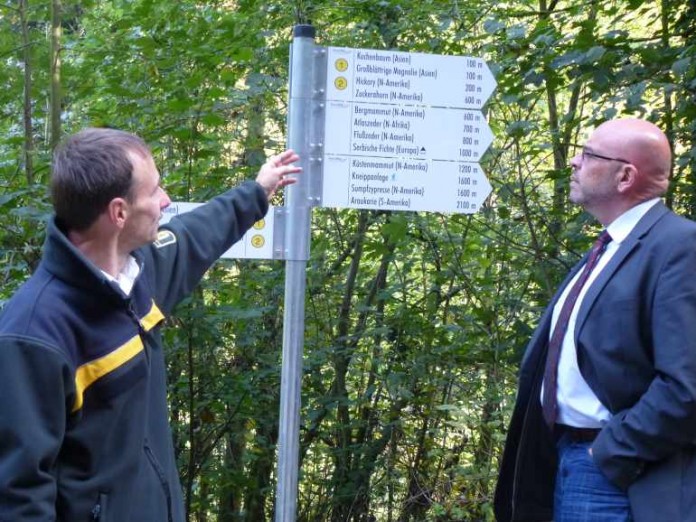 Der Oberbürgermeister von Weinheim, Heiner Bernhard, lässt sich den neuen Schilderwald vorführen