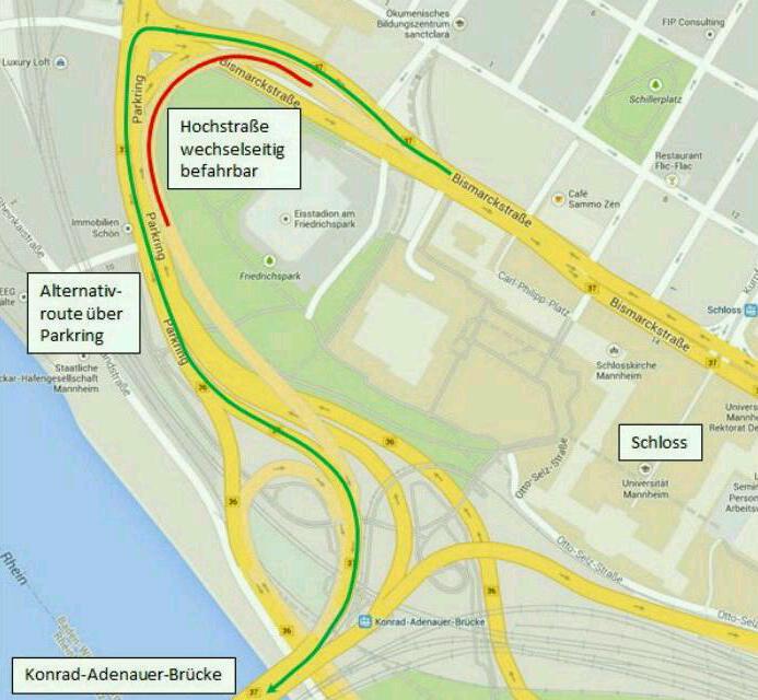 Weiterhin gibt es die Möglichkeit, von der Bismarckstraße aus Richtung Parkring zu fahren, dort links abzubiegen und so auf die Konrad-Adenauer-Brücke aufzufahren.