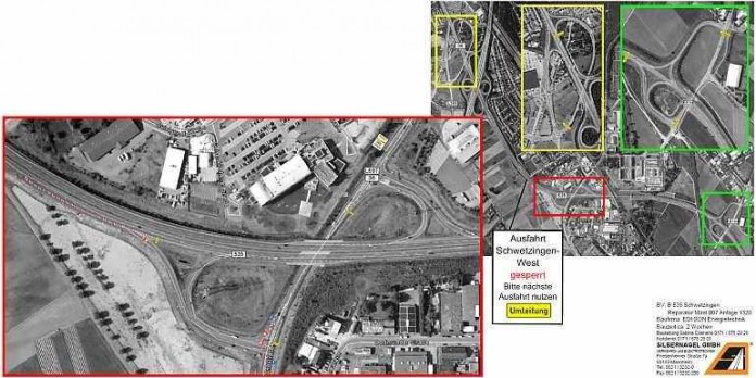 Umleitungsplan wegen der Sperrung zur Zu- und Abfahrt zur B535 an der Anschlussstelle "Schwetzingen Zentrum"
