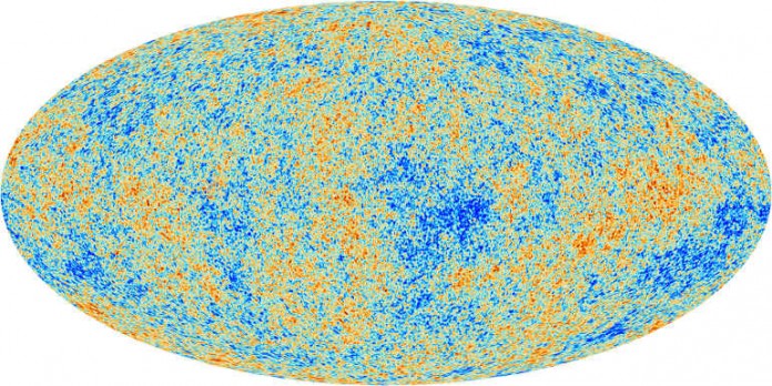 Das Bild zeigt die winzigen Temperaturschwankungen, die Regionen mit leicht unterschiedlichen Dichten entsprechen und somit die Ursprünge aller zukünftigen Strukturen darstellen: die heutigen Sterne und Galaxien.