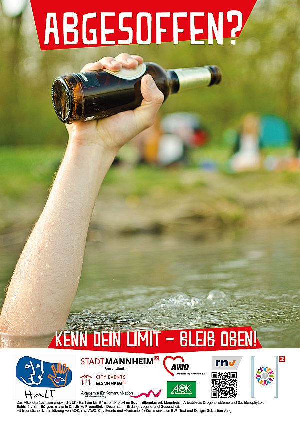 Das Plakat mit dem Slogan „ABGESOFFEN? KENN DEIN LIMIT – BLEIB OBEN!“