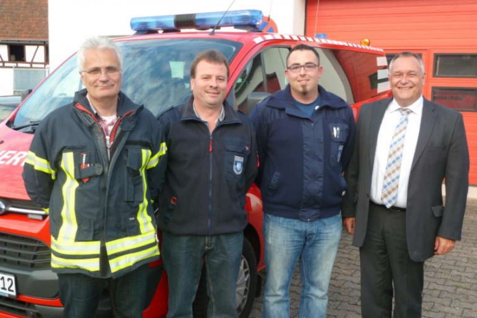 Wehrleiter Udo Krauß, stv. Wehrführer Rolf Becker, Wehrführer Sebastian Adam und Bürgermeister Martin Müller.