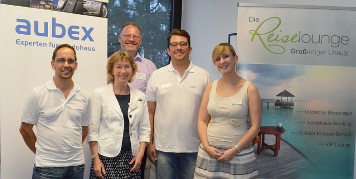 v.l.: Martin Hoffman (Geschäftsführer aubex GmbH), Dr. Annelie Weiske (dr. weiske strategie + personal), Donald Pape (Wirtschaftsförderer Stadt Hockenheim), Sven Fillinger (Geschäftsführer aubex GmbH), Kristin Groß (Die Reiselounge).