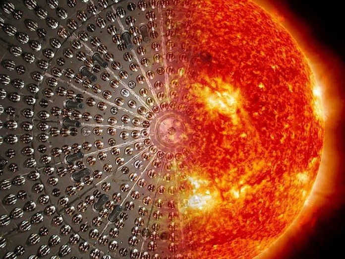 Blick ins Innere des Borexino-Detektors und Oberfläche der Sonne