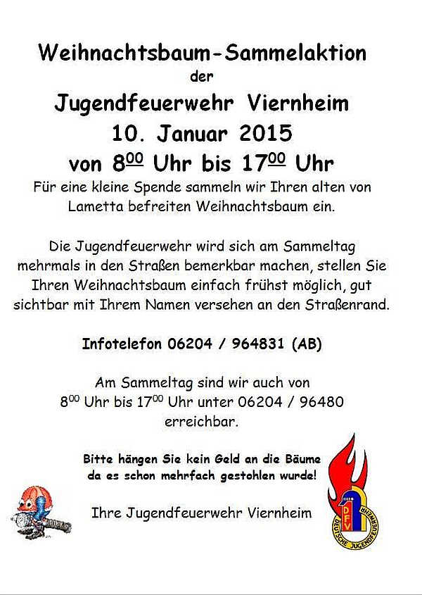 Die Jugendfeuerwehr Viernheim sammelt am 10.01.2015 Weihnachtsbäume