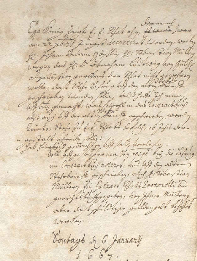 Erste Seite des Ratsprotokolls, beginnend mit „Ego König“ (Ich, König); das verweist auf den damaligen Stadtschreiber Josaphat König