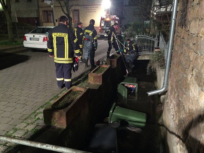 Die Feuerwehr Weinheim musste die Mülltonnen bergen