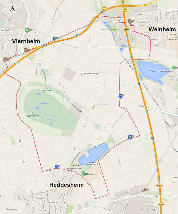 Karte des „Inline-Rundkurs“ Heddesheim-Viernheim-Weinheim