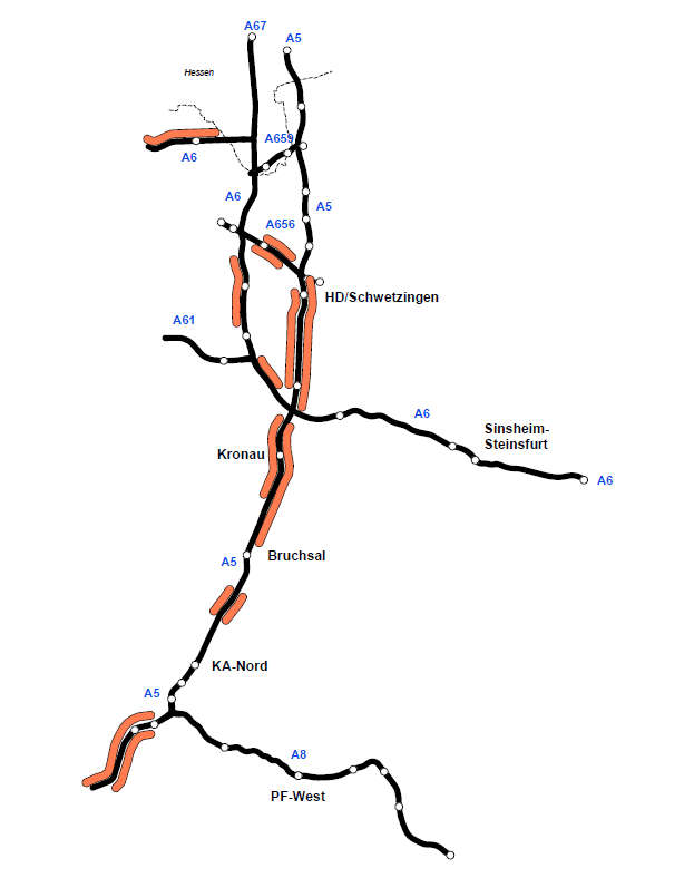 Auf der A 5, A 6, A 656 sind bestimmte Abschnitte geschwindigkeitsbegrenzt