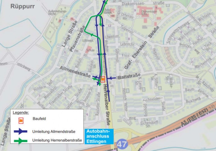 Die Allmendstraße in Rüppurr wird wegen Bauarbeiten zwischen der Rastatter und der Herrenalber Straße vom 29. Februar bis zum 18. März gesperrt. Die Umleitungsstrecken sind ausgeschildert