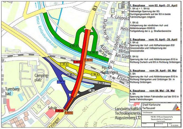 Am Verkehrsknotenpunkt der Bundesstraßen 3 und 10 zwischen Durlach und Grötzingen werden die Fahrbahndecken erneuert. (Grafik: Tiefbauamt)