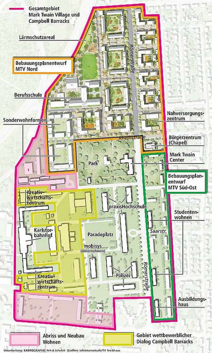 Heidelberg Konversion: In der Südstadt stehen die ersten Bewohner kurz vor dem Einzug 80 Wohnungen im ehemaligen Mark Twain Village gehen in Vermietung Gesamtgebiet Mark Twain Village/Campbell Barracks (Foto: Kartographie Peh & Schefczik / teleinternetcafé/TH Treibhaus)