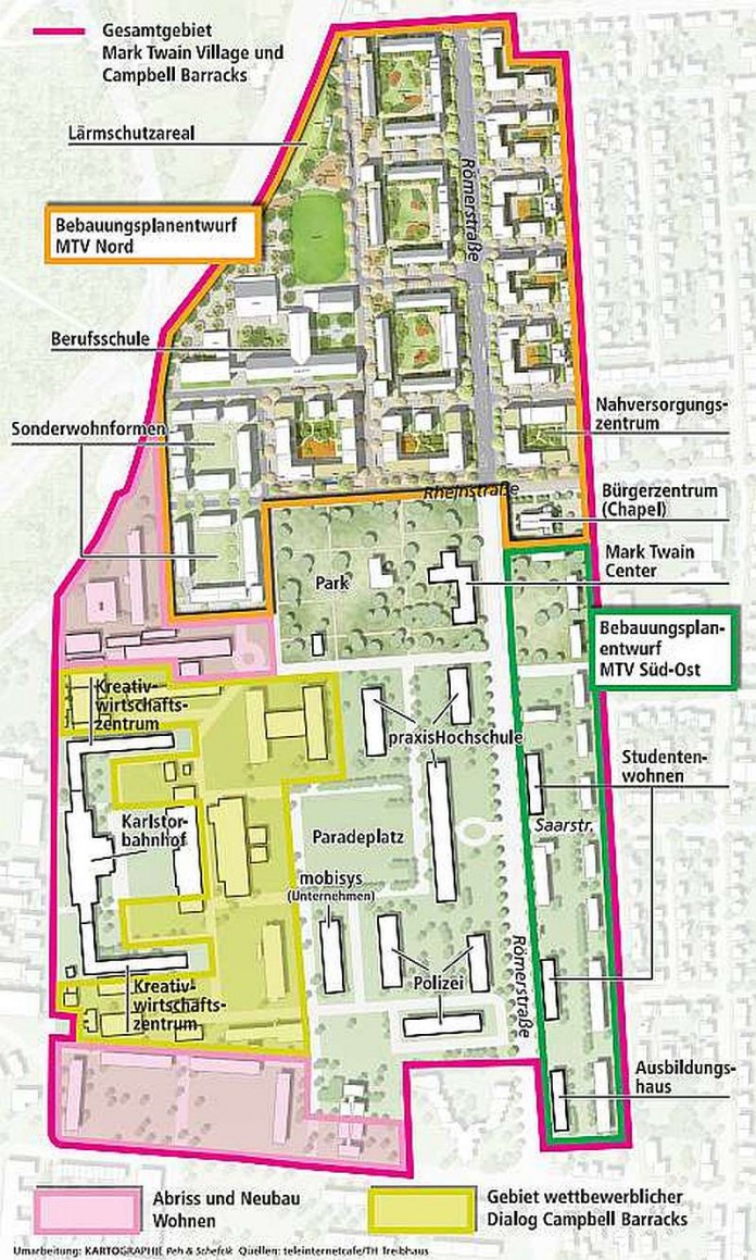 Gesamtgebiet Mark Twain Village/Campbell Barracks (Foto: Kartographie Peh & Schefczik / teleinternetcafé/TH Treibhaus)