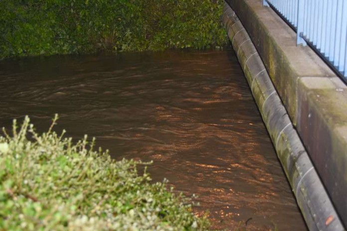 Ein Überlaufen des Saalbach blieb glücklicherweise im Stadtgebiet aus (Foto: Tibor Czemmel, Feuerwehr Bruchsal)