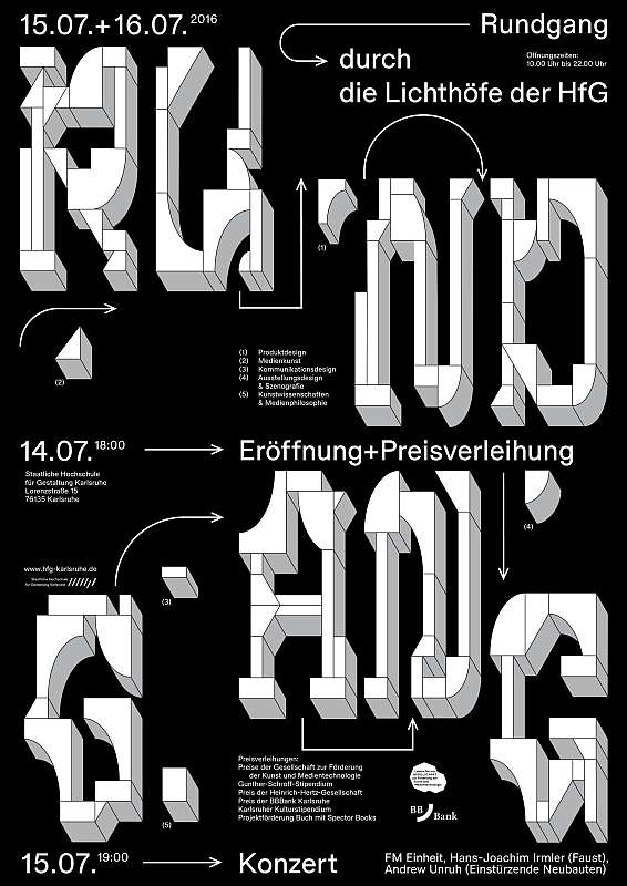Der Plakatentwurf des diesjährigen Rundgangs der HfG Karlsruhe stammt von den Studierenden Massimiliano Audretsch, Catharina Grözinger und Shuaitong Zong.