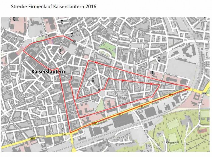 Die für die Sperrung vorgesehenen Straßen entsprechen dem Streckenverlauf des Firmenlaufs, hier rot markiert.