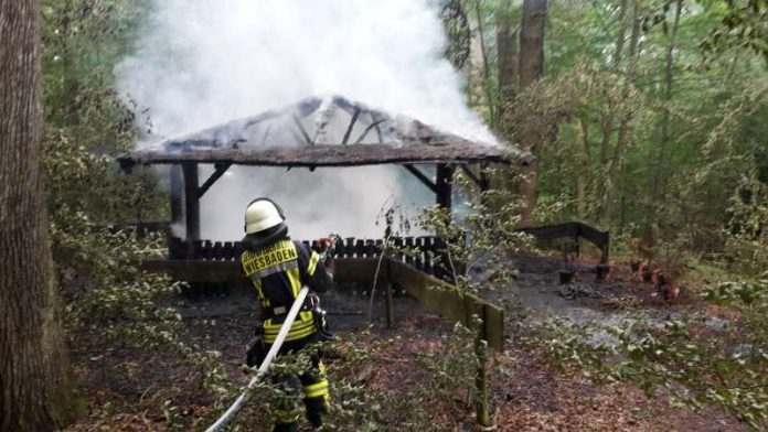 Wiesbaden Grillhütte Brand EinsatzFw Feuerwehr Rauchsäule über der Stadt durch brennende Grillhütte (Foto: Feuerwehr Wiesbaden)