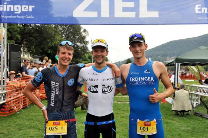 v.l. Markus Rolli, Patrick Lange und Florian Angert beim BASF Triathlon Cup Rhein Neckar 2016 in Heidelberg. www.rhein-neckar-picture.de